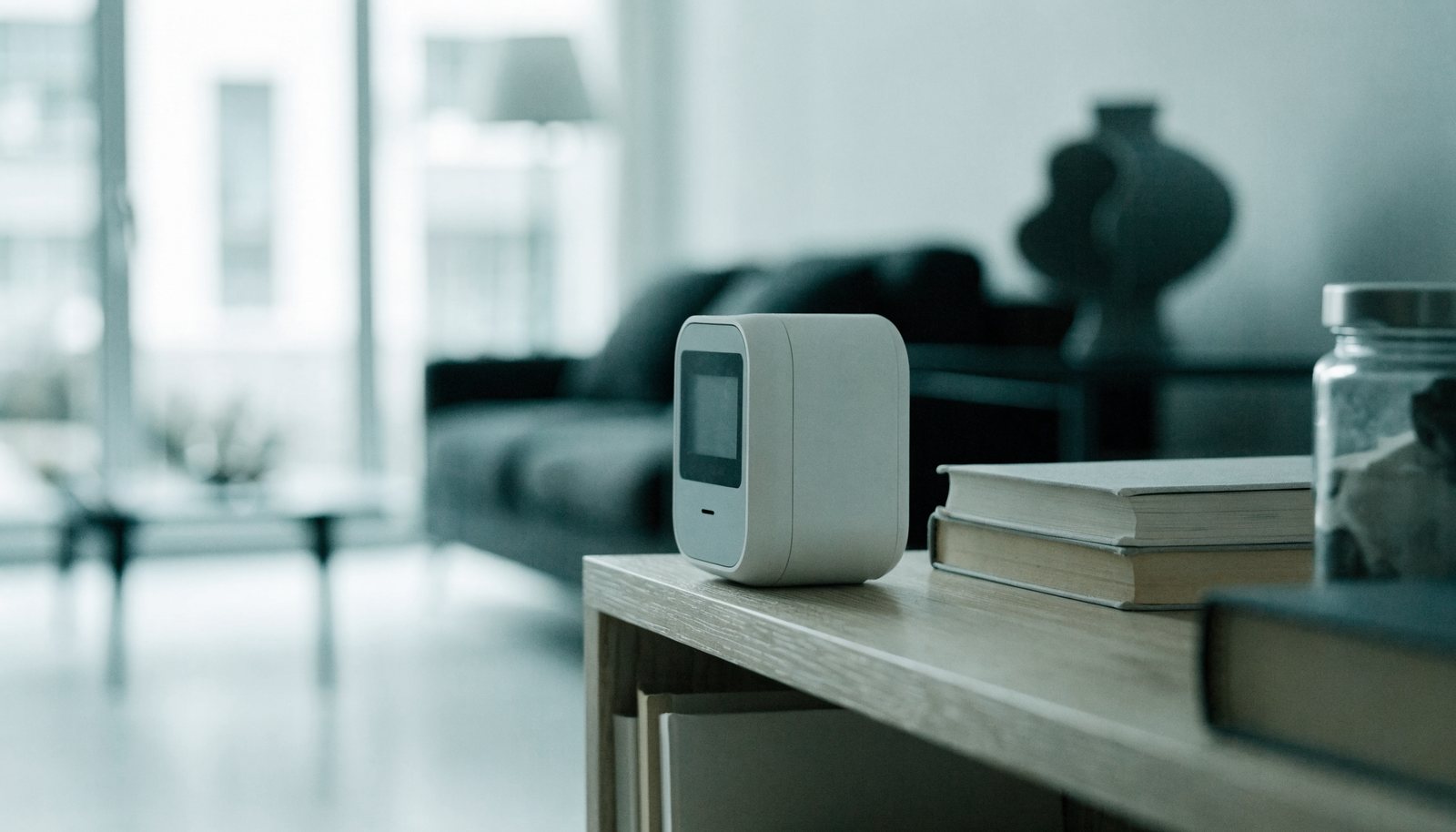 A small white air quality monitor sitting on a wooden bookshelf in a living room.