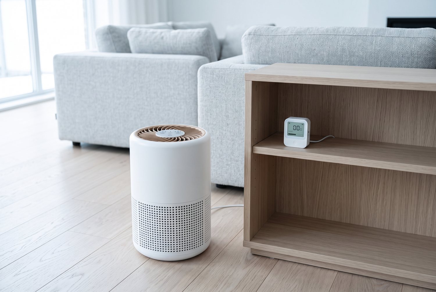 The YOMA A2 air purifier standing beside a low bookshelf in a bright living room, with the air quality monitor on the shelf above.